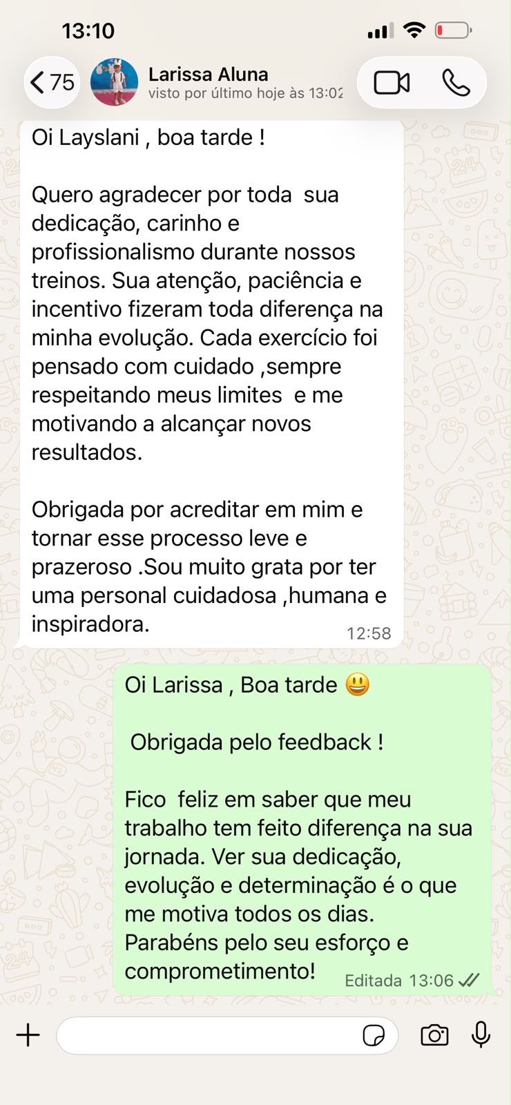 Print de depoimento de aluna no WhatsApp